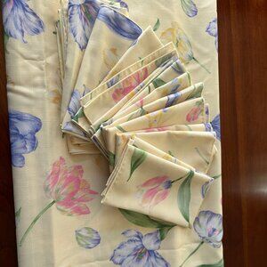 Tablecloth - Vintage - Yellow with Pastel Flowers - 120" x 60" - 12 Matching Nap